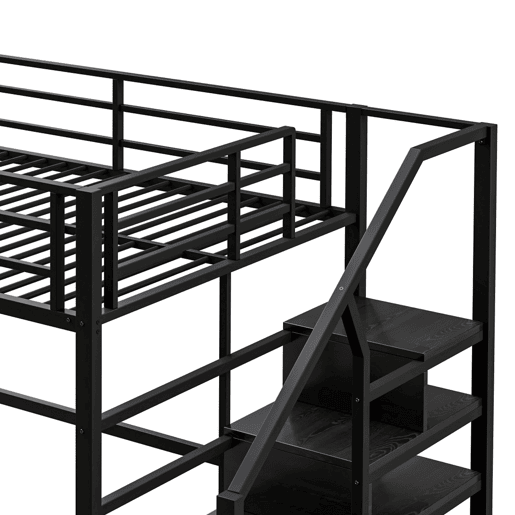 Cama alta metálica 140x200 cm - com prateleira e escada de arrumação - Preto Cama alta metálica 140x200 cm - com prateleira e escada de arrumação - Preto
