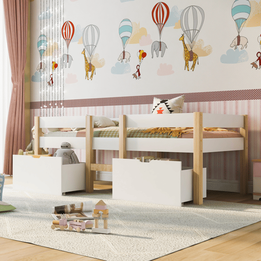 Cama mezzanine em pinho maciço com gavetas - 90x200 cm - Branco Cama mezzanine em pinho maciço com gavetas - 90x200 cm - Branco