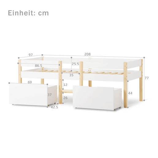 Cama mezzanine em pinho maciço com gavetas - 90x200 cm - Branco Cama mezzanine em pinho maciço com gavetas - 90x200 cm - Branco