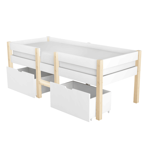 Cama mezzanine em pinho maciço com gavetas - 90x200 cm - Branco Cama mezzanine em pinho maciço com gavetas - 90x200 cm - Branco