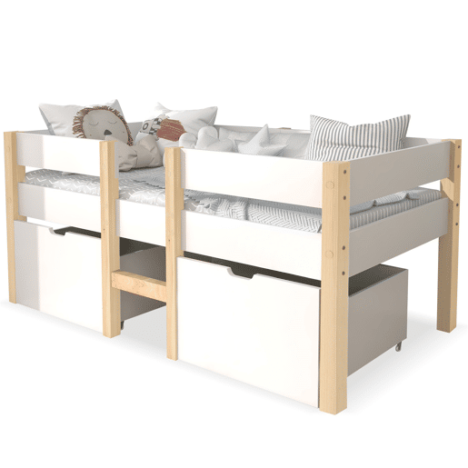 Cama mezzanine em pinho maciço com gavetas - 90x200 cm - Branco Cama mezzanine em pinho maciço com gavetas - 90x200 cm - Branco