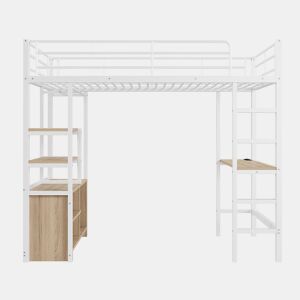 Cama loft metálica 90x200 cm - com secretária + tomadas USB + barreiras - Branco