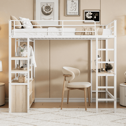 Cama loft metálica 90x200 cm - com secretária + tomadas USB + barreiras - Branco