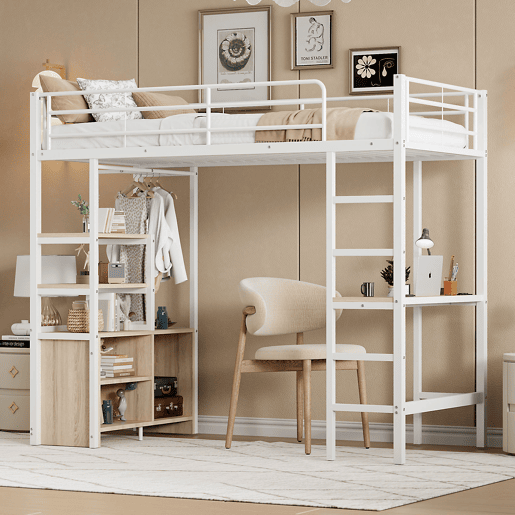 Cama loft metálica 90x200 cm - com secretária + tomadas USB + barreiras - Branco