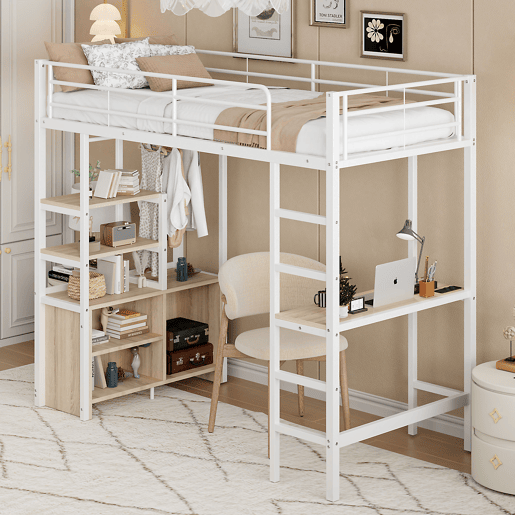 Cama loft metálica 90x200 cm - com secretária + tomadas USB + barreiras - Branco