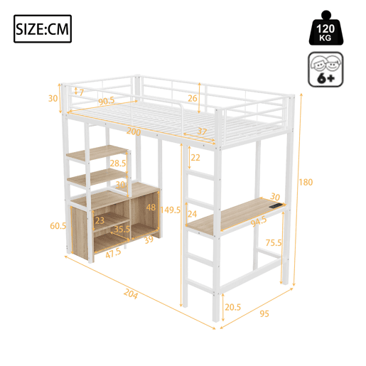 Cama loft metálica 90x200 cm - com secretária + tomadas USB + barreiras - Branco