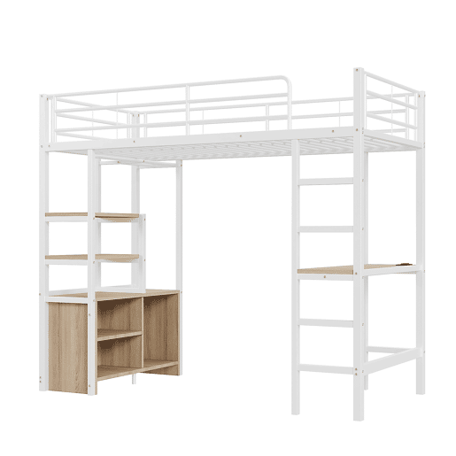 Cama loft metálica 90x200 cm - com secretária + tomadas USB + barreiras - Branco