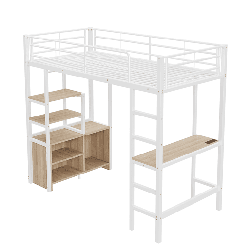 Cama loft metálica 90x200 cm - com secretária + tomadas USB + barreiras - Branco