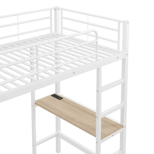 Cama loft metálica 90x200 cm - com secretária + tomadas USB + barreiras - Branco