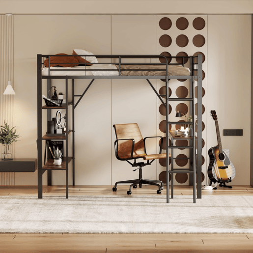 Cama mezzanine em ferro - 90x200 cm - com secretária e 3 prateleiras - Preto Cama mezzanine em ferro - 90x200 cm - com secretária e 3 prateleiras - Preto