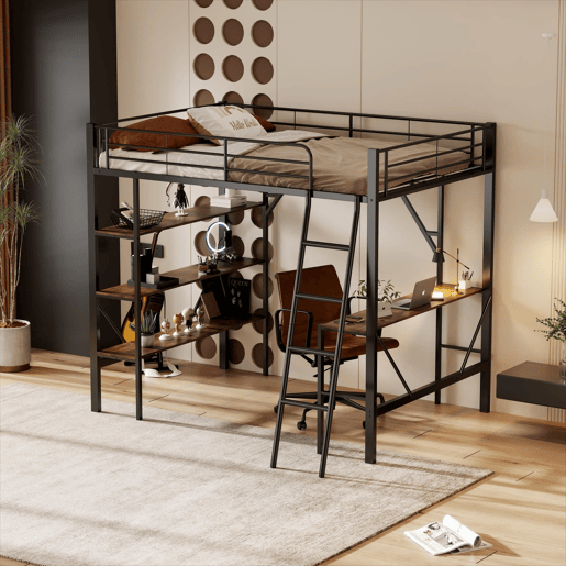 Cama mezzanine em ferro - 90x200 cm - com secretária e 3 prateleiras - Preto Cama mezzanine em ferro - 90x200 cm - com secretária e 3 prateleiras - Preto