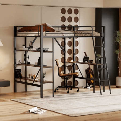 Cama mezzanine em ferro - 90x200 cm - com secretária e 3 prateleiras - Preto Cama mezzanine em ferro - 90x200 cm - com secretária e 3 prateleiras - Preto
