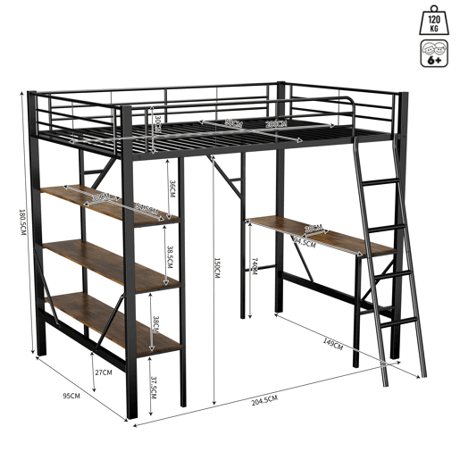Cama mezzanine em ferro - 90x200 cm - com secretária e 3 prateleiras - Preto Cama mezzanine em ferro - 90x200 cm - com secretária e 3 prateleiras - Preto