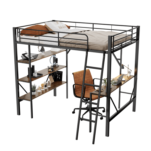 Cama mezzanine em ferro - 90x200 cm - com secretária e 3 prateleiras - Preto Cama mezzanine em ferro - 90x200 cm - com secretária e 3 prateleiras - Preto