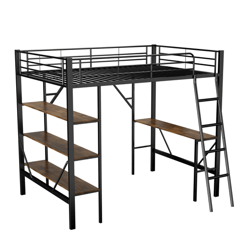 Cama mezzanine em ferro - 90x200 cm - com secretária e 3 prateleiras - Preto Cama mezzanine em ferro - 90x200 cm - com secretária e 3 prateleiras - Preto