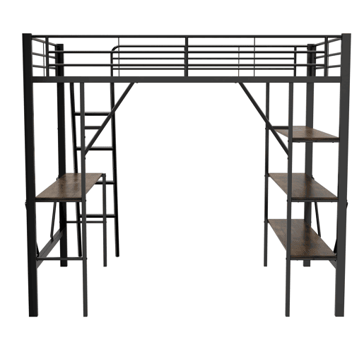 Cama mezzanine em ferro - 90x200 cm - com secretária e 3 prateleiras - Preto Cama mezzanine em ferro - 90x200 cm - com secretária e 3 prateleiras - Preto