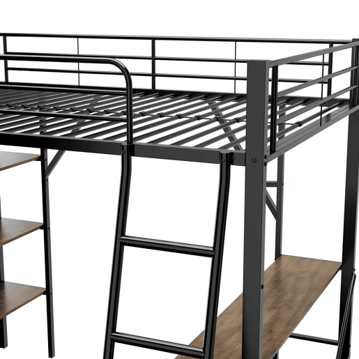 Cama mezzanine em ferro - 90x200 cm - com secretária e 3 prateleiras - Preto Cama mezzanine em ferro - 90x200 cm - com secretária e 3 prateleiras - Preto