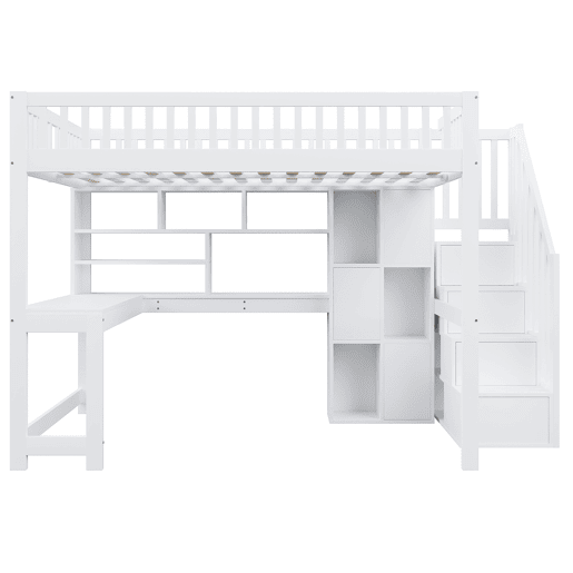 Cama alta 140x200 cm - Com LED, escada com estante, secretária, sem colchão - Branco