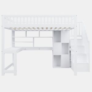 Cama alta 140x200 cm - Com LED, escada com estante, secretária, sem colchão - Branco