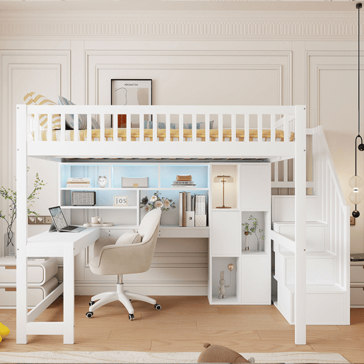 Cama alta 140x200 cm - Com LED, escada com estante, secretária, sem colchão - Branco