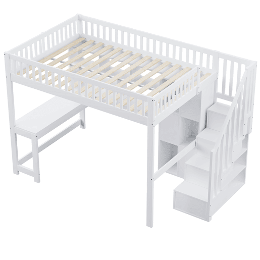 Cama alta 140x200 cm - Com LED, escada com estante, secretária, sem colchão - Branco