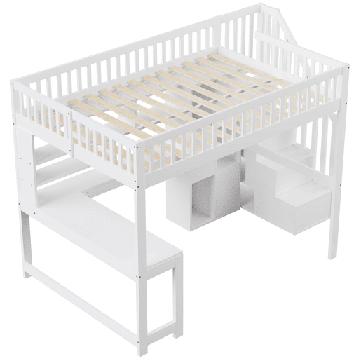 Cama alta 140x200 cm - Com LED, escada com estante, secretária, sem colchão - Branco