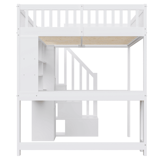 Cama alta 140x200 cm - Com LED, escada com estante, secretária, sem colchão - Branco