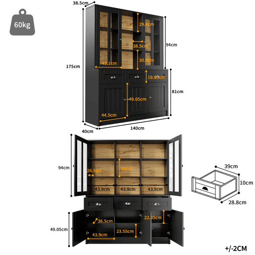 Armário de cozinha de mdf com 5 portas e 3 gavetas,preto
