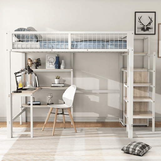 Cama alta 140x200 cm - estrutura em ferro - com secretária e prateleiras - Branco Cama alta 140x200 cm - estrutura em ferro - com secretária e prateleiras - Branco