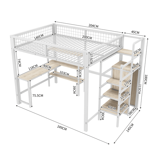 Cama alta 140x200 cm - estrutura em ferro - com secretária e prateleiras - Branco Cama alta 140x200 cm - estrutura em ferro - com secretária e prateleiras - Branco