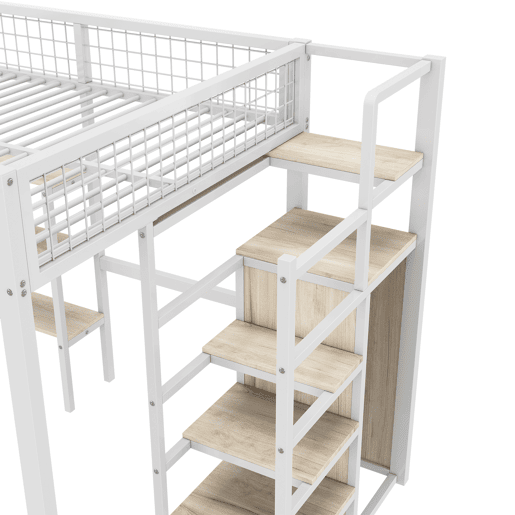Cama alta 140x200 cm - estrutura em ferro - com secretária e prateleiras - Branco Cama alta 140x200 cm - estrutura em ferro - com secretária e prateleiras - Branco