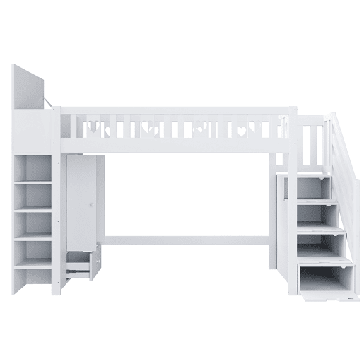 Cama alta de madeira 90 x 200 cm com vários espaços de arrumação e escada de arrumação - branco