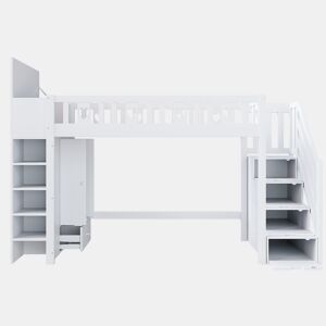 Cama alta de madeira 90 x 200 cm com vários espaços de arrumação e escada de arrumação - branco