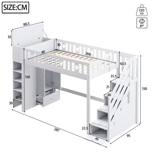 Cama alta de madeira 90 x 200 cm com vários espaços de arrumação e escada de arrumação - branco