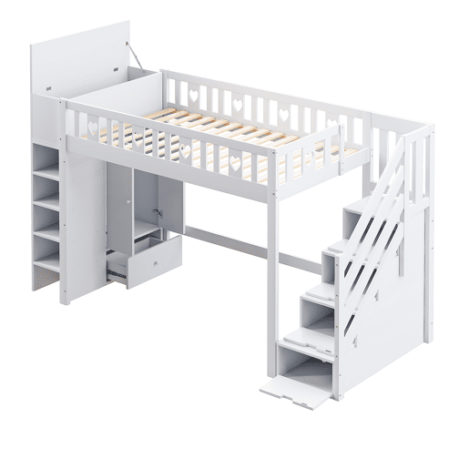 Cama alta de madeira 90 x 200 cm com vários espaços de arrumação e escada de arrumação - branco