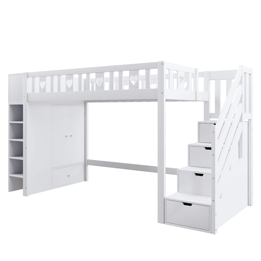 Cama alta de madeira 90 x 200 cm com vários espaços de arrumação e escada de arrumação - branco