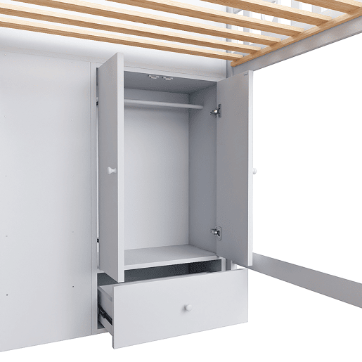 Cama alta de madeira 90 x 200 cm com vários espaços de arrumação e escada de arrumação - branco