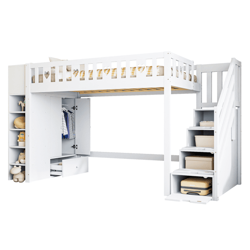 Cama alta de madeira 90 x 200 cm com vários espaços de arrumação e escada de arrumação - branco