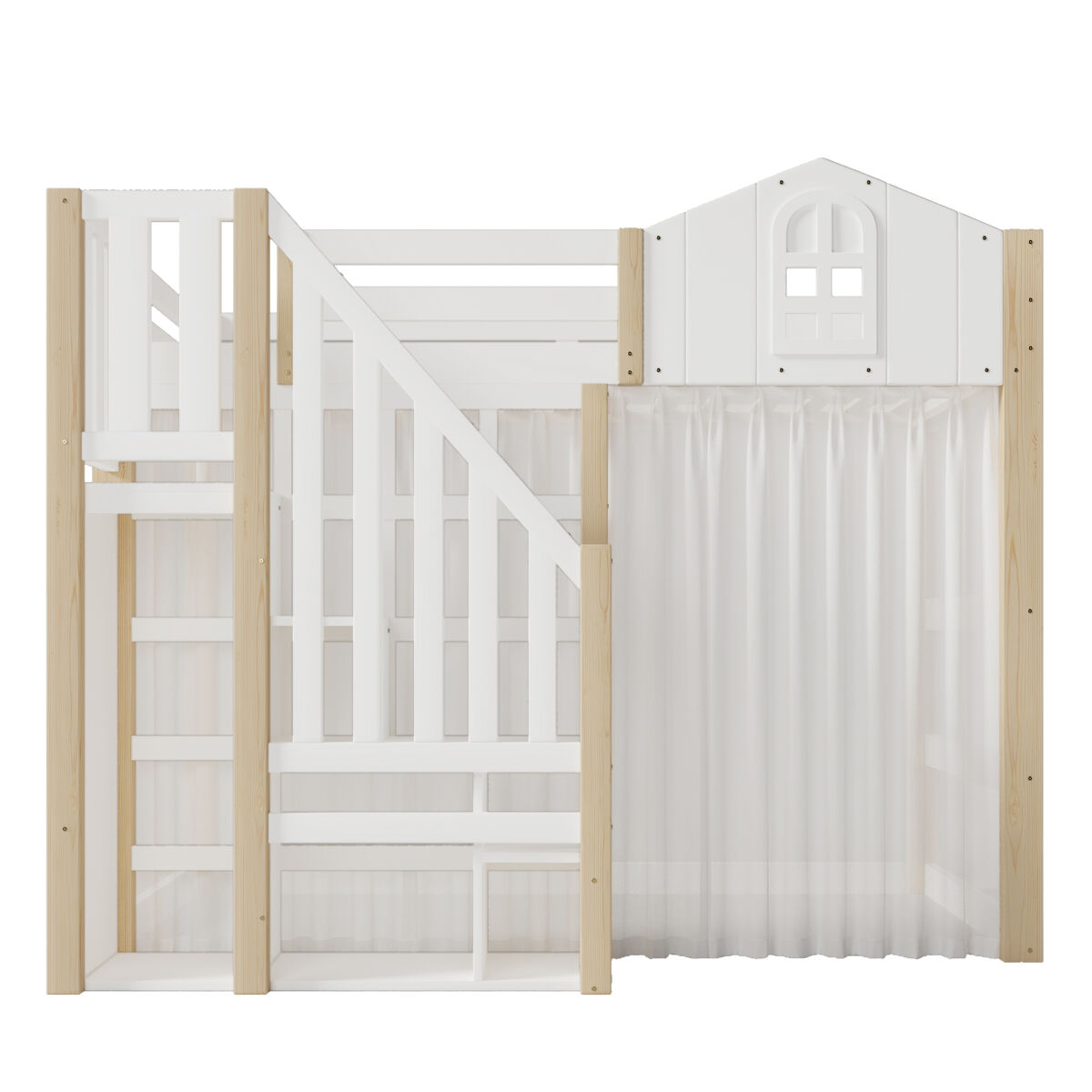 Cama loft 140x200 cm - con luces led, escalera de almacenamiento, ventana, con espacio de almacenamiento, sin colchón - blanco + natural