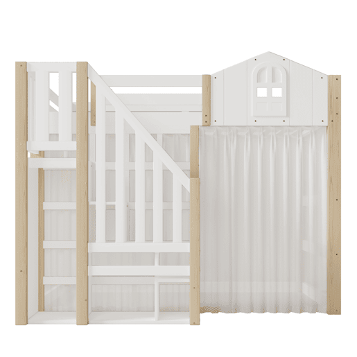 Cama loft 140x200 cm - Com luzes LED, escada com arrumação, janela, com espaço de arrumação, sem colchão - Branco + Natural