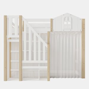 Cama loft 140x200 cm - Com luzes LED, escada com arrumação, janela, com espaço de arrumação, sem colchão - Branco + Natural