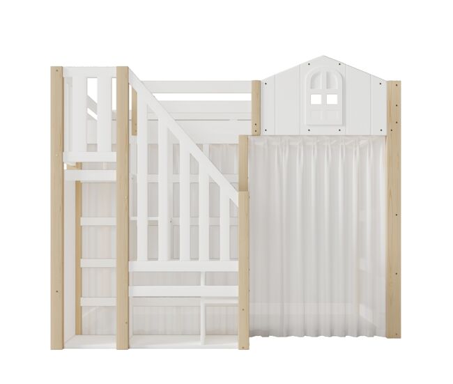 Cama loft 140x200 cm - con luces led, escalera de almacenamiento, ventana, con espacio de almacenamiento, sin colchón - blanco + natural