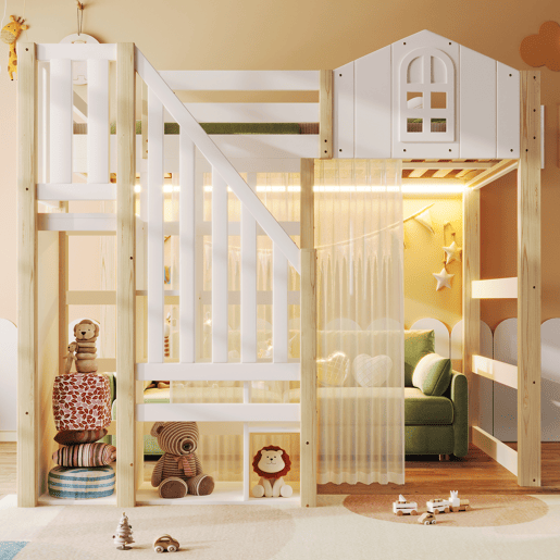 Cama loft 140x200 cm - Com luzes LED, escada com arrumação, janela, com espaço de arrumação, sem colchão - Branco + Natural