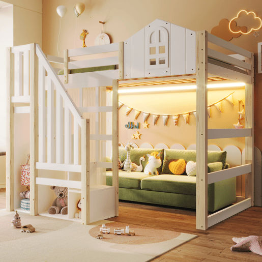 Cama loft 140x200 cm - Com luzes LED, escada com arrumação, janela, com espaço de arrumação, sem colchão - Branco + Natural