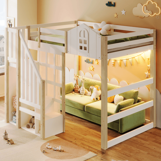 Cama loft 140x200 cm - Com luzes LED, escada com arrumação, janela, com espaço de arrumação, sem colchão - Branco + Natural