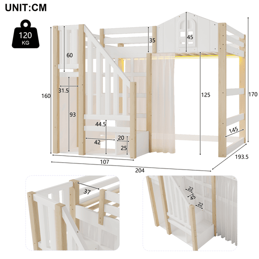 Cama loft 140x200 cm - Com luzes LED, escada com arrumação, janela, com espaço de arrumação, sem colchão - Branco + Natural
