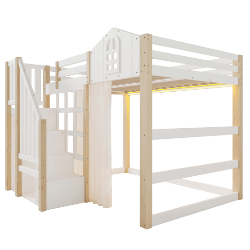 Cama loft 140x200 cm - Com luzes LED, escada com arrumação, janela, com espaço de arrumação, sem colchão - Branco + Natural