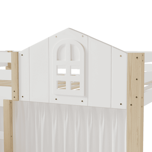 Cama loft 140x200 cm - Com luzes LED, escada com arrumação, janela, com espaço de arrumação, sem colchão - Branco + Natural