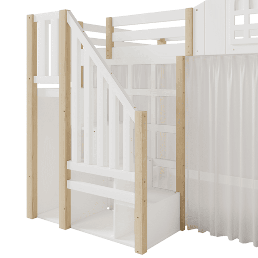 Cama loft 140x200 cm - Com luzes LED, escada com arrumação, janela, com espaço de arrumação, sem colchão - Branco + Natural