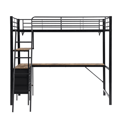Beliche, 90x200cm - Três gavetas, Mesa de 2m, Escada inclinada com 4 degraus - Preto + Nogueira escura